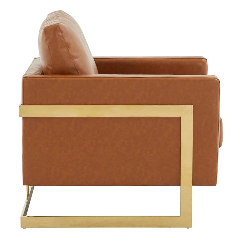 LeisureMod Lincoln Leather Accent Arm Chair With Gold Frame in Cognac Tan