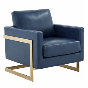 LeisureMod Lincoln Leather Accent Arm Chair With Gold Frame in Navy Blue
