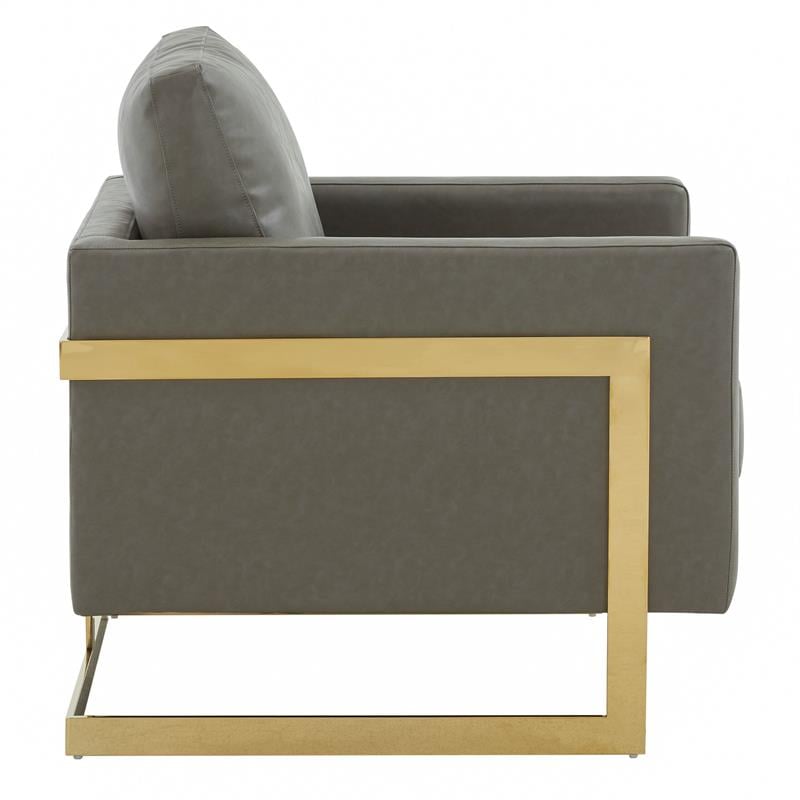 LeisureMod Lincoln Leather Accent Arm Chair With Gold Frame in Gray