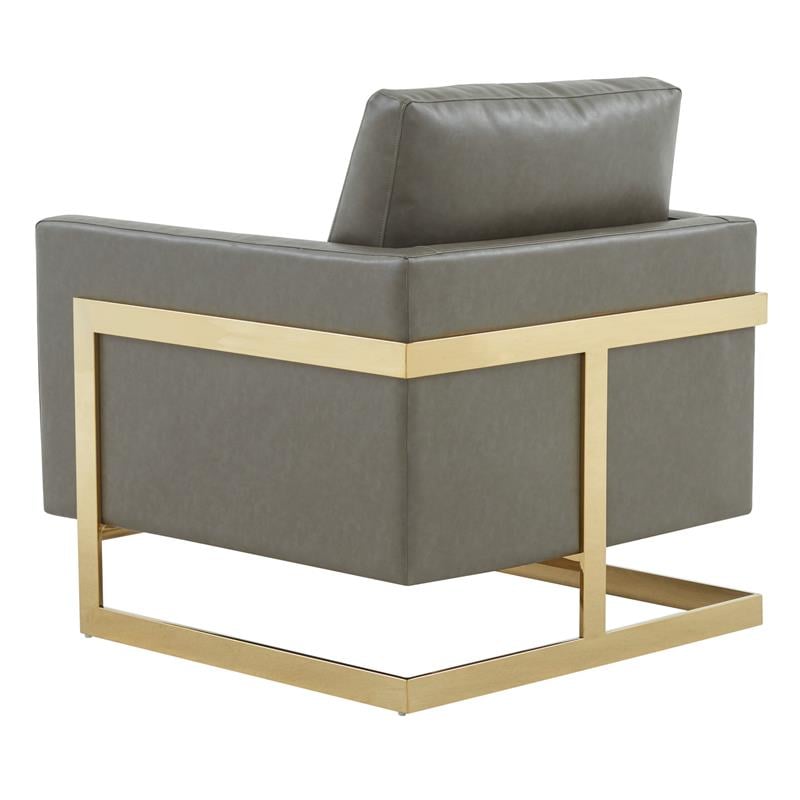LeisureMod Lincoln Leather Accent Arm Chair With Gold Frame in Gray