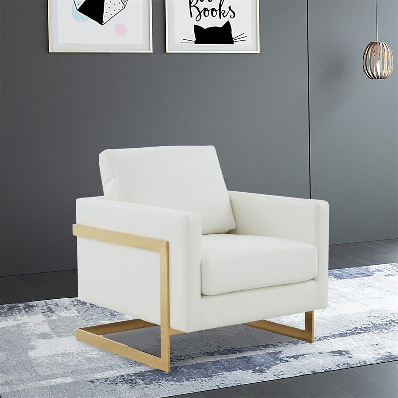 LeisureMod Lincoln Leather Accent Arm Chair With Gold Frame in White
