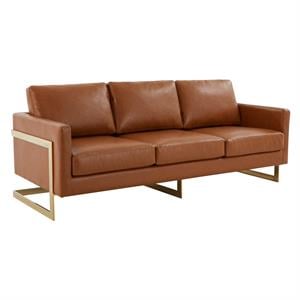 LeisureMod Lincoln 83&quot Modern Upholstered Leather Sofa in Cognac Tan