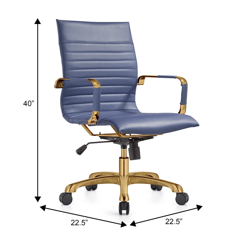 LeisureMod Harris Modern Leather Swivel Gold Office Chair in Navy Blue