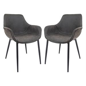 LeisureMod Markley Leather Dining Armchair Metal Legs Set of 2 in Charcoal Black