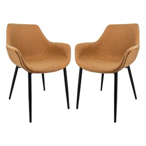 LeisureMod Markley Leather Dining Armchair Metal Legs Set of 2 in Light Brown