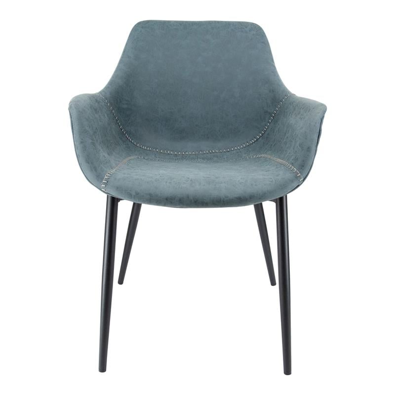 LeisureMod Markley Leather Dining Armchair Metal Legs Set of 2 in Peacock Blue
