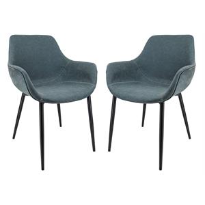 LeisureMod Markley Leather Dining Armchair Metal Legs Set of 2 in Peacock Blue
