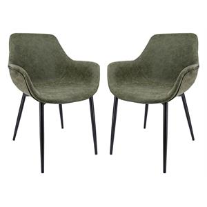 LeisureMod Markley Leather Dining Armchair Metal Legs Set of 2 in Olive Green