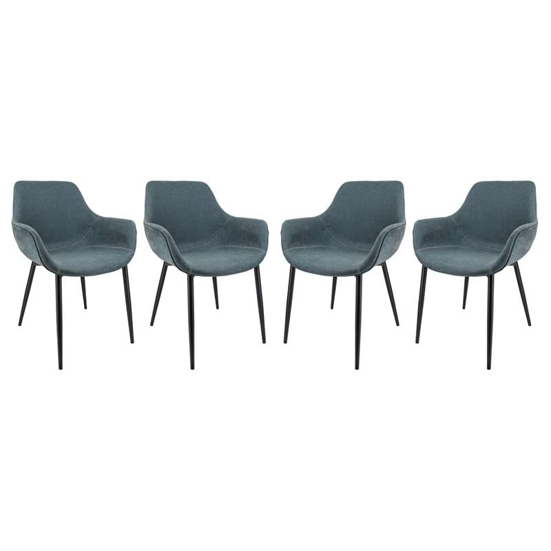 LeisureMod Markley Leather Dining Armchair Metal Legs Set of 4 in Peacock Blue