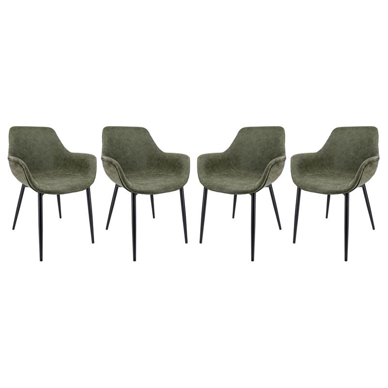 LeisureMod Markley Leather Dining Armchair Metal Legs Set of 4 in Olive Green