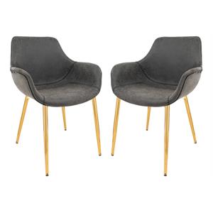 LeisureMod Markley Leather Dining Armchair Gold Legs Set of 2 in Charcoal Black