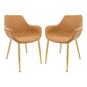 LeisureMod Markley Leather Dining Armchair Gold Legs Set of 2 in Light Brown