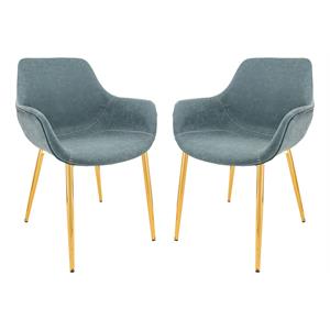 LeisureMod Markley Leather Dining Armchair Gold Legs Set of 2 in Peacock Blue