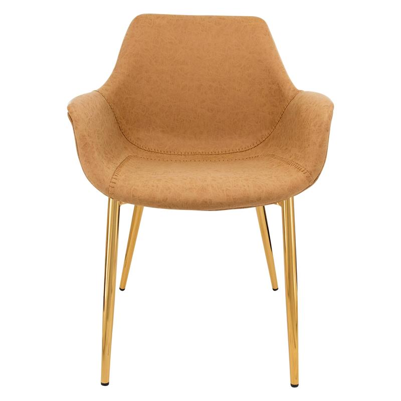 LeisureMod Markley Leather Dining Armchair Gold Legs Set of 4 in Light Brown
