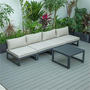 LeisureMod Chelsea 5-Piece Beige Armless Patio Chairs and Coffee Table Set
