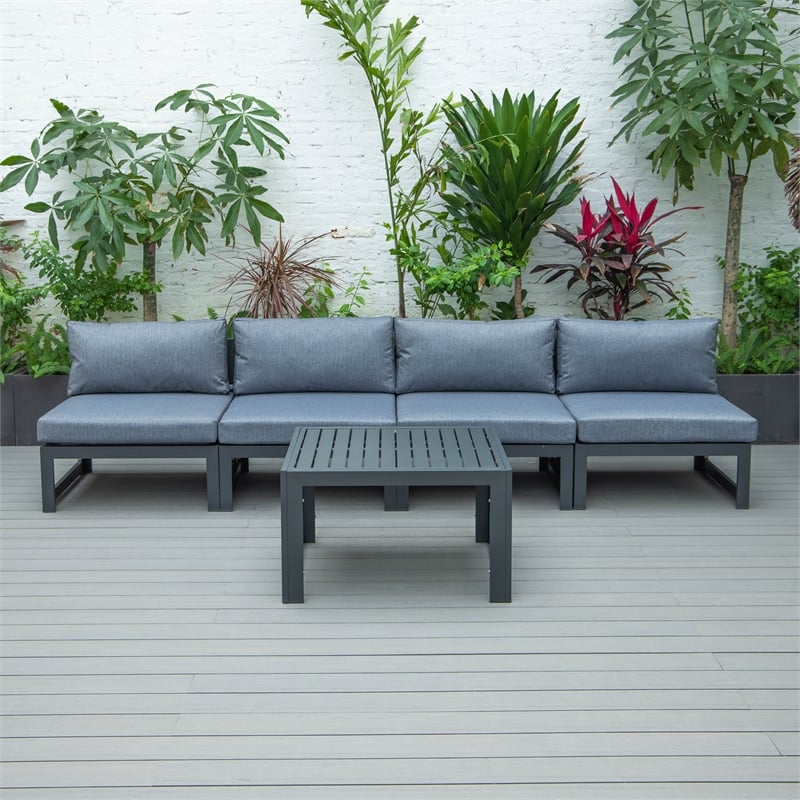 LeisureMod Chelsea 5-Piece Blue Armless Patio Chairs and Coffee Table Set