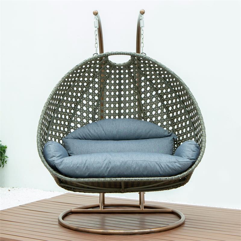 LeisureMod Outdoor Beige Wicker Hanging Double Egg Swing Chair in Charcoal Blue