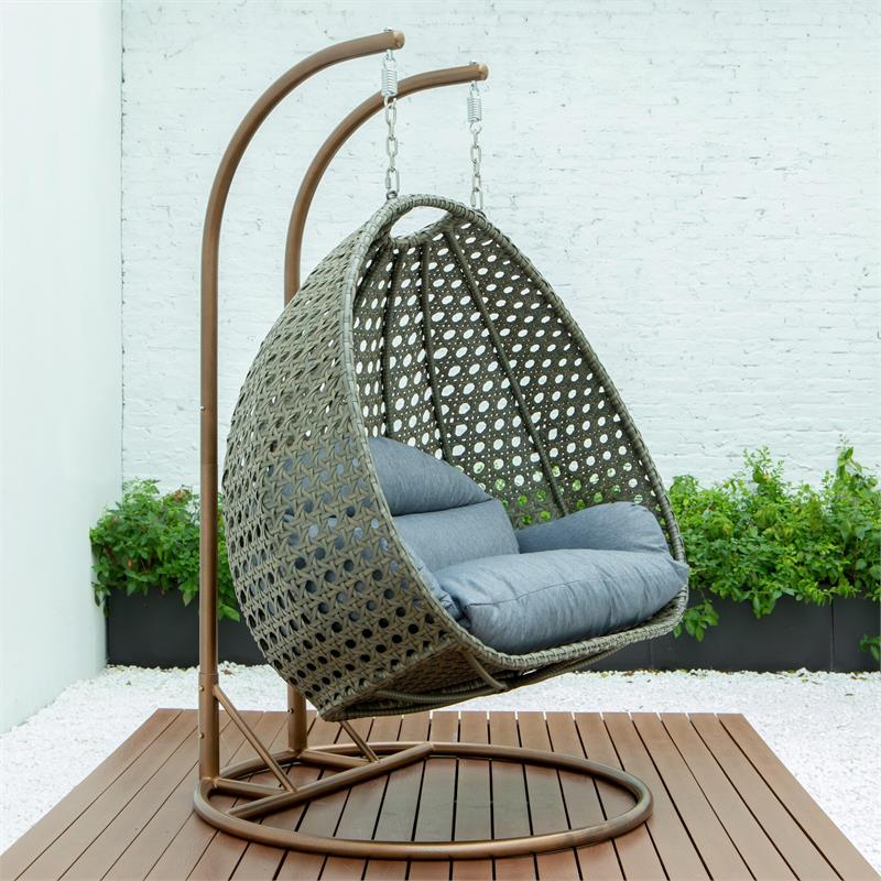 LeisureMod Outdoor Beige Wicker Hanging Double Egg Swing Chair in Charcoal Blue
