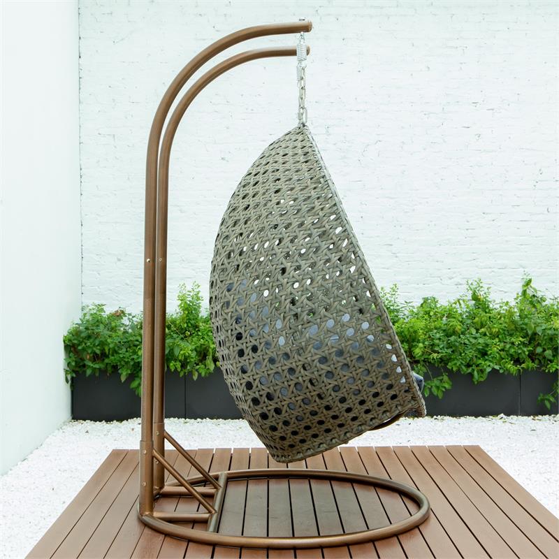 LeisureMod Outdoor Beige Wicker Hanging Double Egg Swing Chair in Charcoal Blue