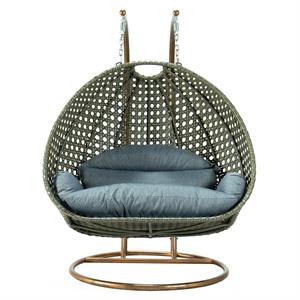 LeisureMod Outdoor Beige Wicker Hanging Double Egg Swing Chair in Charcoal Blue