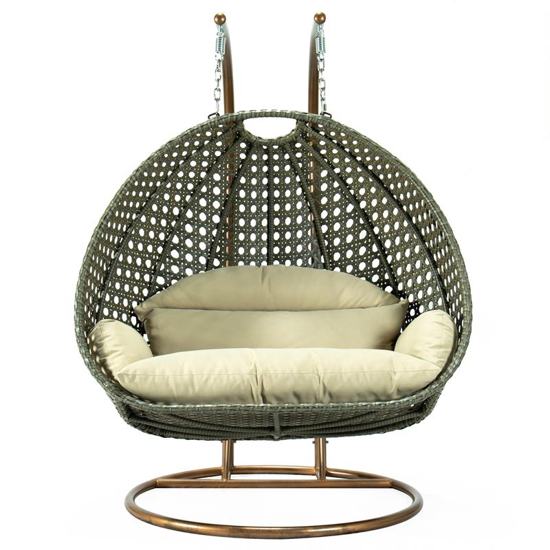 LeisureMod Outdoor Beige Wicker Hanging Double Egg Swing Chair in Taupe