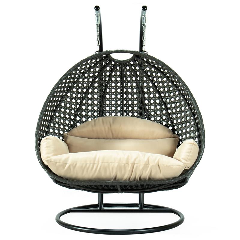 LeisureMod Outdoor Charcoal Wicker Hanging Double Egg Swing Chair in Beige