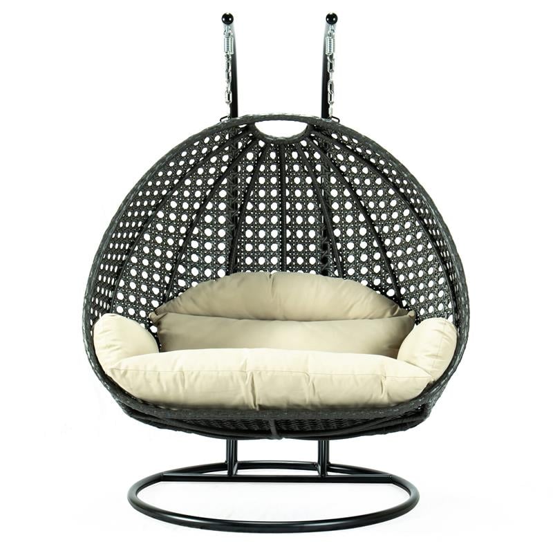 LeisureMod Outdoor Charcoal Wicker Hanging Double Egg Swing Chair in Taupe