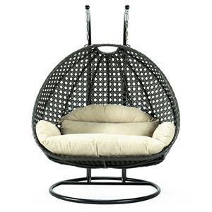 LeisureMod Outdoor Charcoal Wicker Hanging Double Egg Swing Chair in Taupe