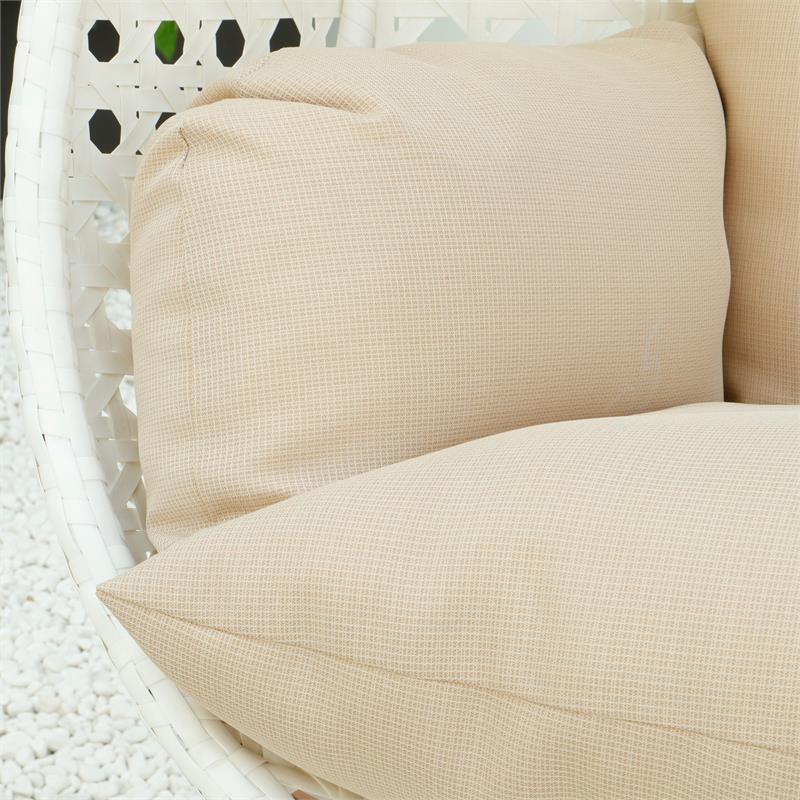 LeisureMod Outdoor White Wicker Hanging Double Egg Swing Chair in Beige