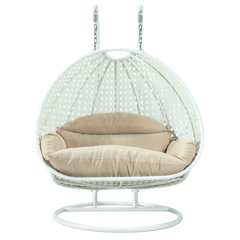 LeisureMod Outdoor White Wicker Hanging Double Egg Swing Chair in Beige