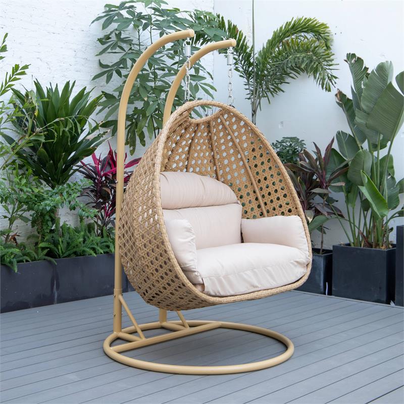 LeisureMod Mendoza Light Brown Wicker Patio Double Swing Chair in Beige