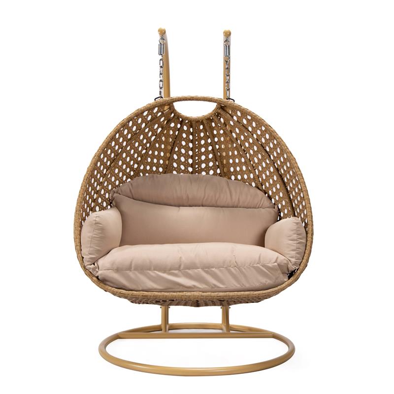 LeisureMod Mendoza Light Brown Wicker Patio Double Swing Chair in Beige