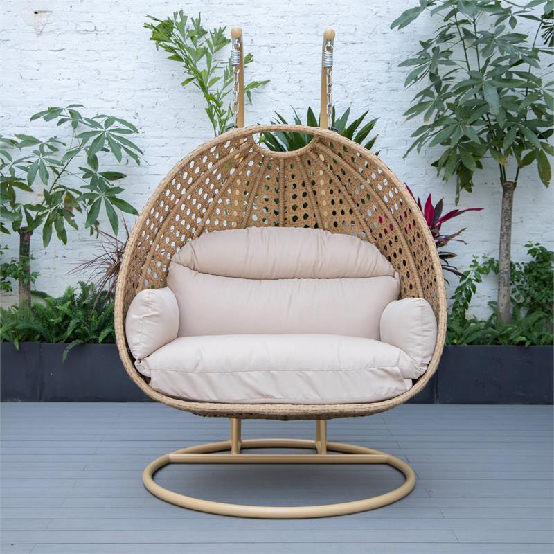 LeisureMod Mendoza Light Brown Wicker Patio Double Swing Chair in Beige