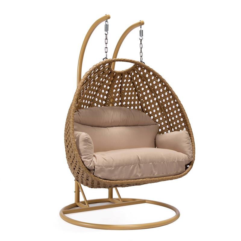 LeisureMod Mendoza Light Brown Wicker Patio Double Swing Chair in Beige