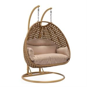 LeisureMod Mendoza Light Brown Wicker Patio Double Swing Chair in Beige