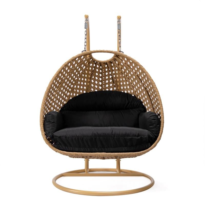 LeisureMod Mendoza Light Brown Wicker Patio Double Swing Chair in Black