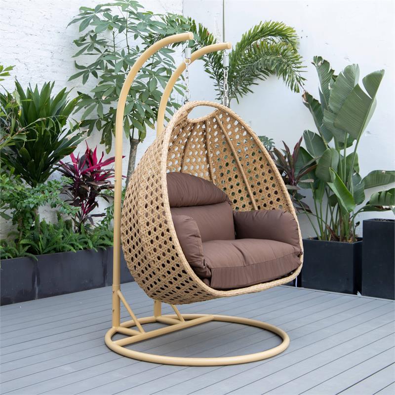 LeisureMod Mendoza Light Brown Wicker Patio Double Swing Chair in Brown