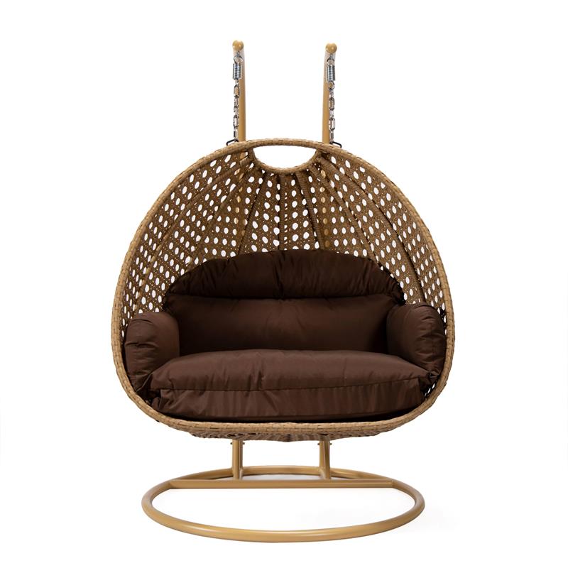 LeisureMod Mendoza Light Brown Wicker Patio Double Swing Chair in Brown