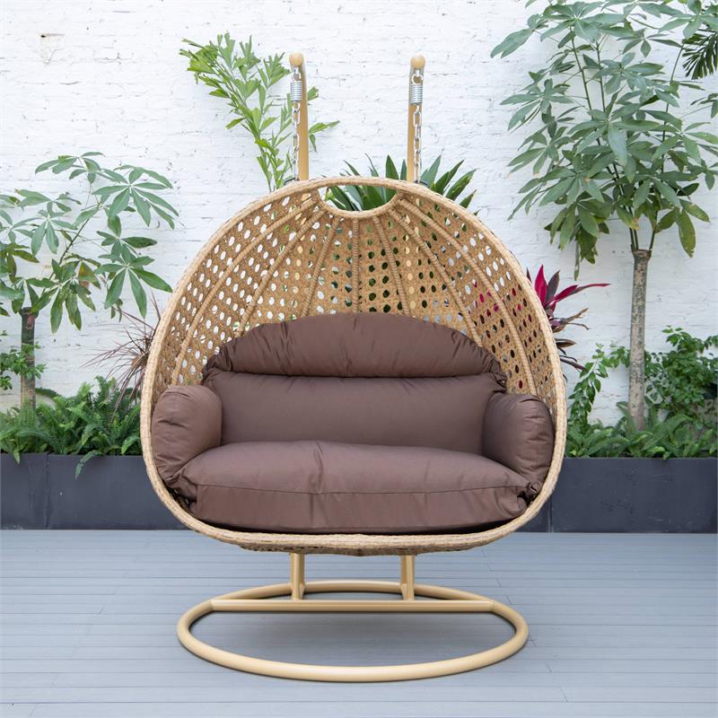 LeisureMod Mendoza Light Brown Wicker Patio Double Swing Chair in Brown
