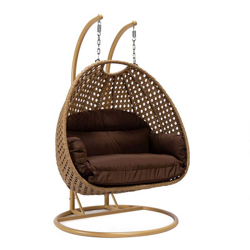 LeisureMod Mendoza Light Brown Wicker Patio Double Swing Chair in Brown