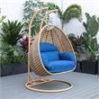 LeisureMod Mendoza Light Brown Wicker Patio Double Swing Chair in Blue