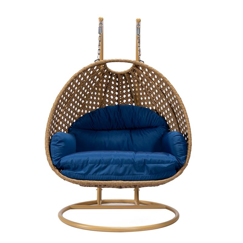 LeisureMod Mendoza Light Brown Wicker Patio Double Swing Chair in Blue