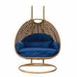 LeisureMod Mendoza Light Brown Wicker Patio Double Swing Chair in Blue