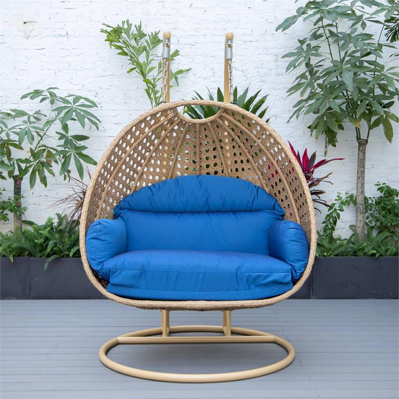LeisureMod Mendoza Light Brown Wicker Patio Double Swing Chair in Blue