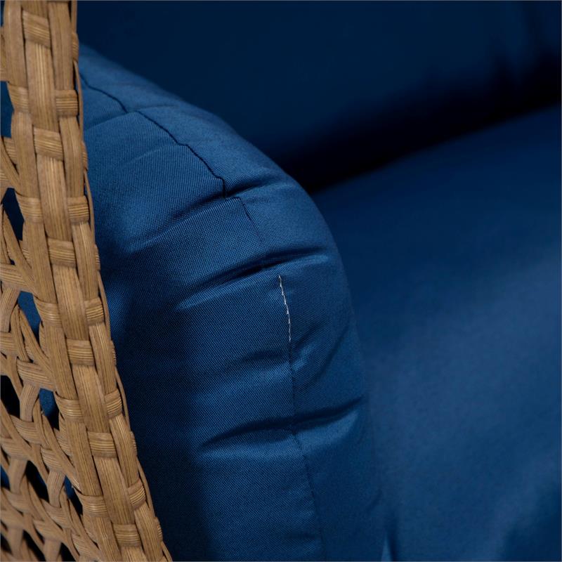 LeisureMod Mendoza Light Brown Wicker Patio Double Swing Chair in Blue