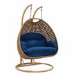 LeisureMod Mendoza Light Brown Wicker Patio Double Swing Chair in Blue