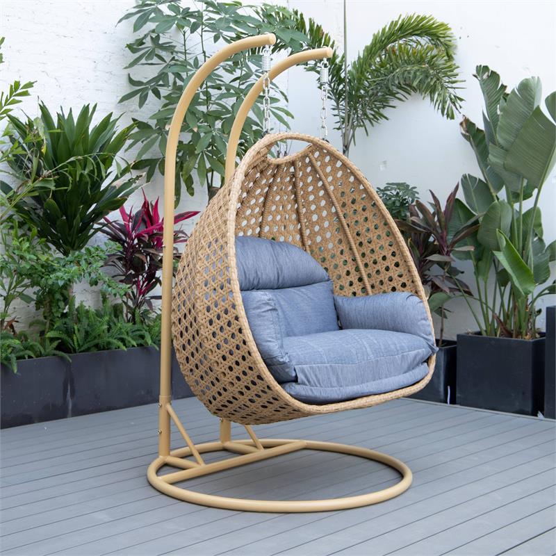 LeisureMod Mendoza Light Brown Wicker Patio Double Swing Chair in Charcoal