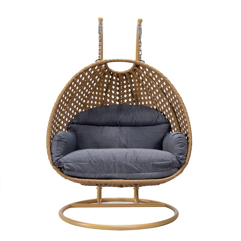 LeisureMod Mendoza Light Brown Wicker Patio Double Swing Chair in Charcoal