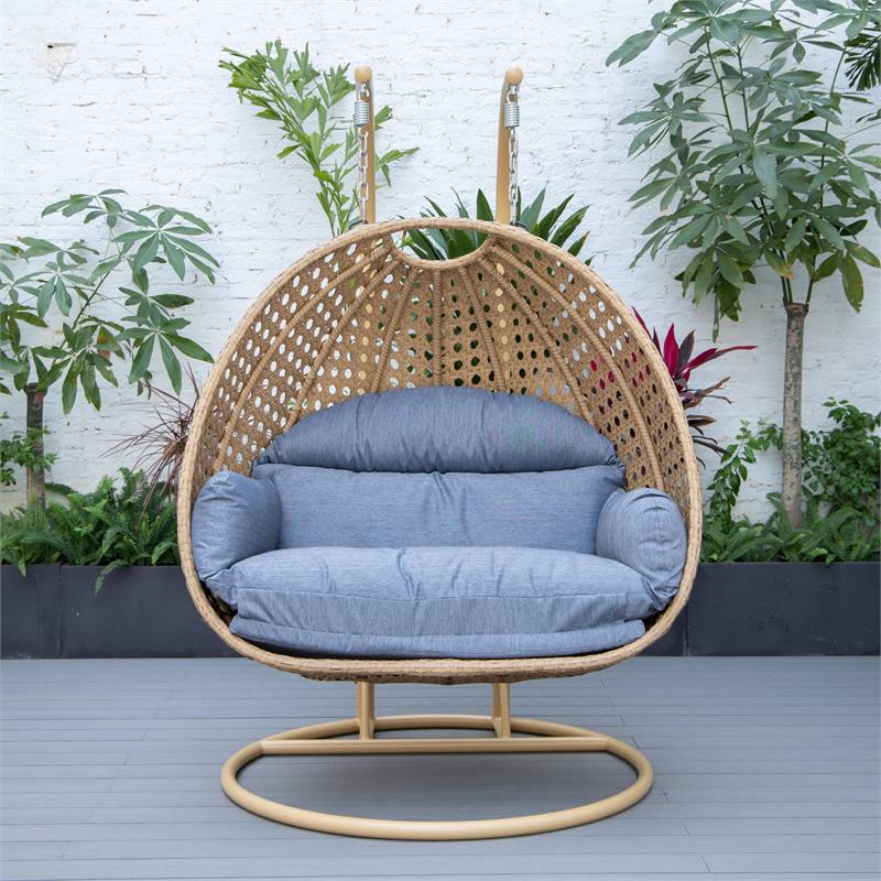 LeisureMod Mendoza Light Brown Wicker Patio Double Swing Chair in Charcoal