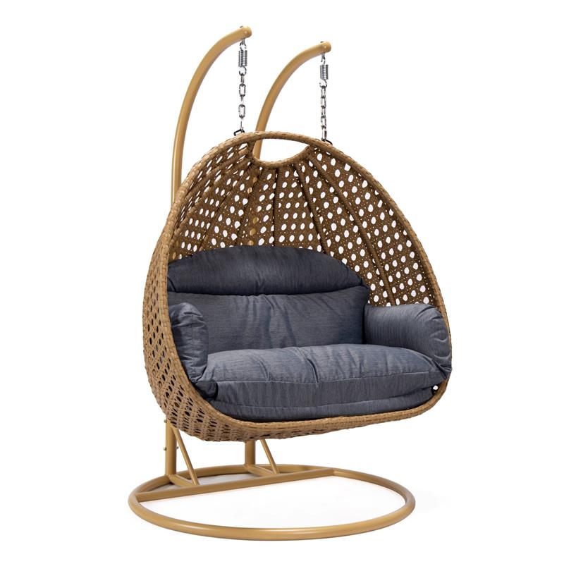 LeisureMod Mendoza Light Brown Wicker Patio Double Swing Chair in Charcoal